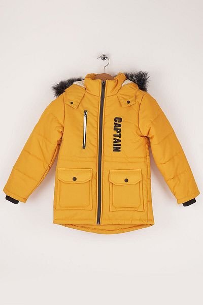 Mika Bebek & Çocuk Thick Fiber Filled Water Wind and Rain Proof Hooded Mustard Boys' Winter Luxury Coat
