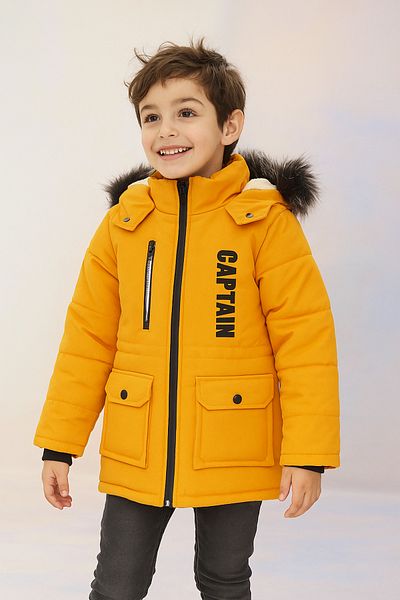 Mika Bebek & Çocuk Thick Fiber Filled Water Wind and Rain Proof Hooded Mustard Boys' Winter Luxury Coat