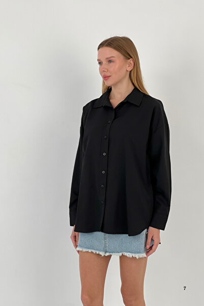 Miss Poem Women's Polo Neck Basic Oversize Long Sleeve Black Shirt