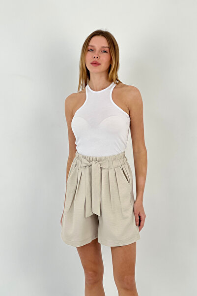 Miss Poem Γυναικείο κοντό καλοκαιρινό άνετο μίνι μπεζ σορτς με κορδόνια