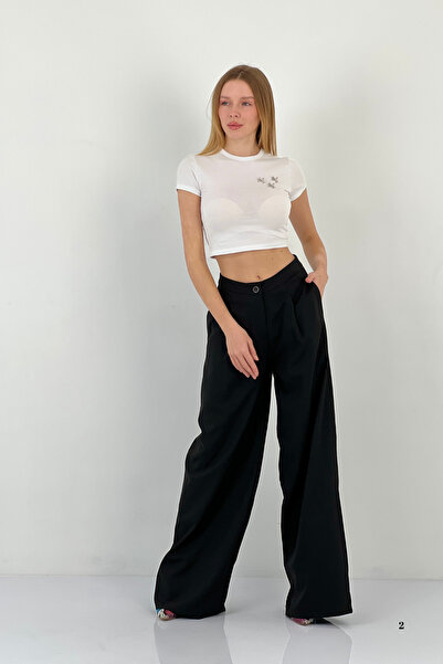 Miss Poem Women's Summer Baggy Fit Loose Leg Oversize Black Trousers