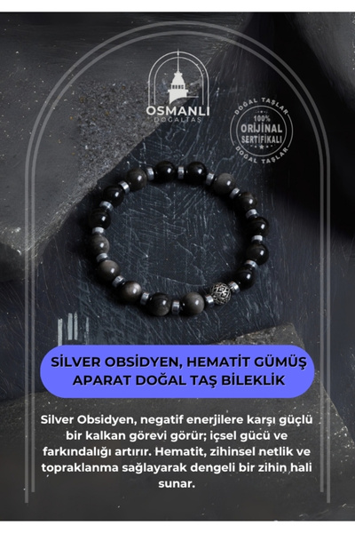 OSMANLI DOĞAL TAŞ سوار من حجر السيلفر أوبسيديان، هيماتيت فضي معتمد من الحجر ا...