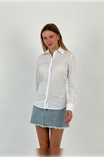 Miss Poem Γυναικείο στενό καλοκαιρινό βασικό λευκό πουκάμισο που ταιριάζει στο σώμα