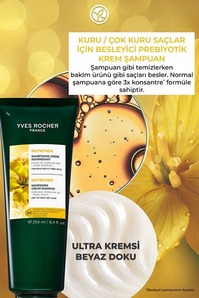 Yves Rocher Nourishing Prebiotic Cream Shampoo-Dry Very Dry Hair/Nutrition-Free of Sls&Sles,Vegan-250Ml