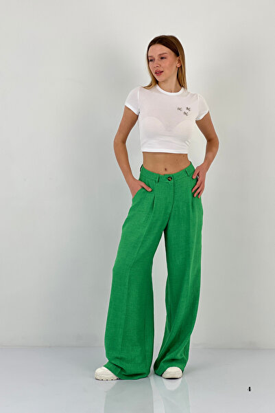 Miss Poem Women's Baggy Fit Wide Leg Palazzo Green Trousers