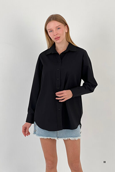 Miss Poem Women's Summer Pocket Loose Basic Oversize Black Shirt