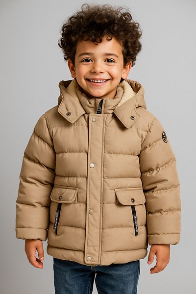 Mika Bebek & Çocuk Thick Fiber Filled Water Wind And Rain Proof Hooded Beige Boys' Winter Luxury Puffer Jacket