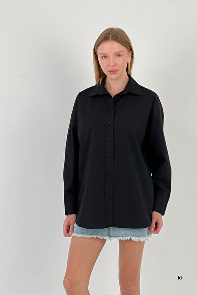 Miss Poem Women's Summer Pocket Loose Basic Oversize Black Shirt