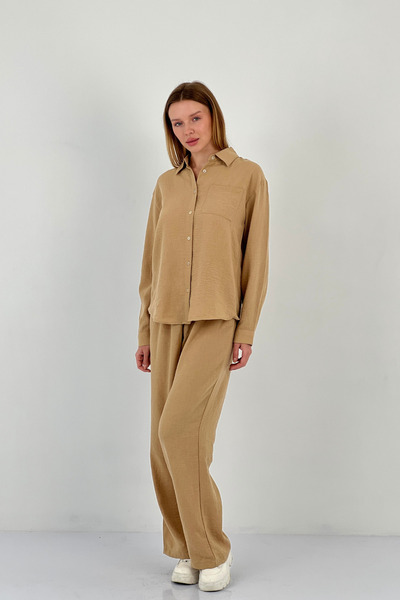 Miss Poem Women's Oversize Shirt Palazzo Pants Bottom Top Camel Double Set