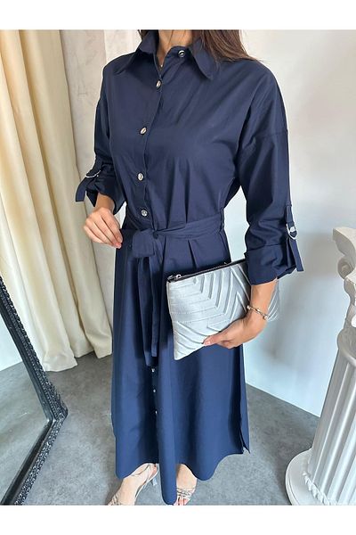 TREND KOMBİN Φόρεμα πουκάμισο με κουμπιά μπλε μπλέ με ζώνη