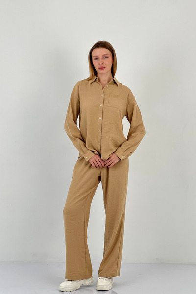 Miss Poem Women's Oversize Shirt Palazzo Pants Bottom Top Camel Double Set