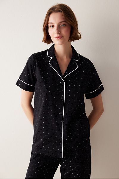 Penti White Dotted Shirt Pants Black Pajama Set