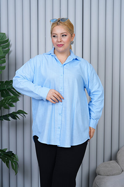 Patika Women's Plus Size Comfortable Linen Shirt - Baby Blue