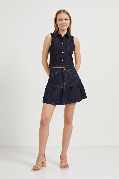 Arma Life Kadın Jeans Cepli Volanlı Lacivert Mini Kot Etek