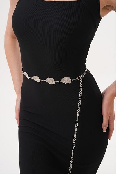 Descoin Silver Leaf Patterned Women's Chain Belt, Coat Belt, Tunic Belt, Shirt Belt