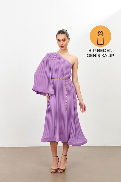 Setre Lilac One-Shoulder Pleat Detailed Loose Dress
