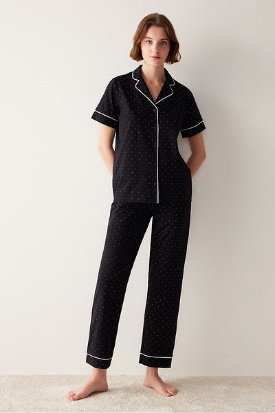 Penti White Dotted Shirt Pants Black Pajama Set