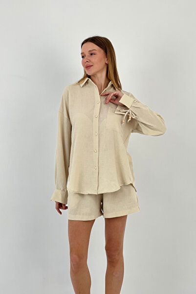 Miss Poem Women's Summer Oversize Shirt Mini Shorts Bottom Top Beige Two Piece Set