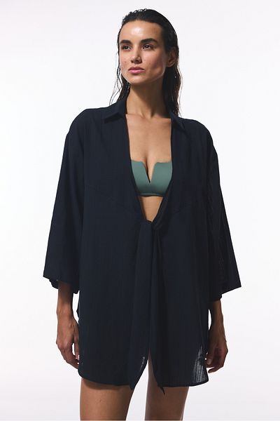 Penti Μαύρο πουκάμισο Sienna V-Neck Midi Oversize