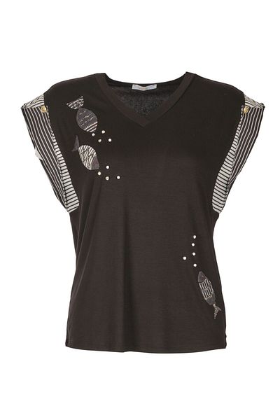 Vedi Minimalist V-Neck Women's T-Shirt - Fish Pattern - Short Sleeve