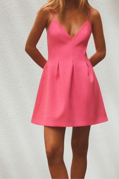 OLSAMODA Women's V-Necklace Thin Strap Pleated Blouse Dress