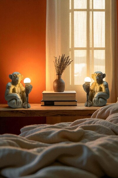 Findify Store 2 Li Bronz Renkli Maymun Figürlü Tasarım Masa Lambası Gece Lamb...