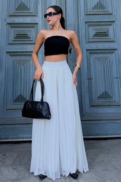 lodmela Elastic Waist Pleated Chiffon Trousers 6030-White