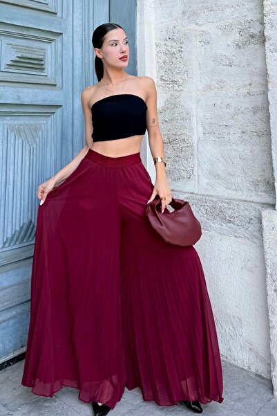 lodmela Elastic Waist Pleated Chiffon Trousers 6030-Burgundy