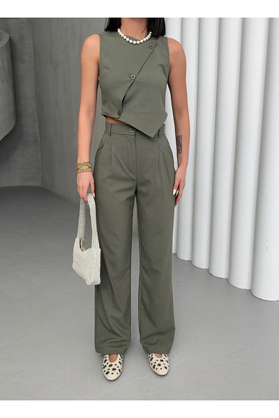 CCTWEAR Lined Asymmetrical Vest Pocket High Waist Wide Leg Pants Crop Triangle Suit
