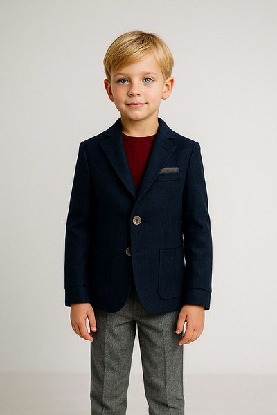 Micio Boy's Navy Blue Double Button Half Lining Bag Pocket Jacket Gray Pants Sports Suit
