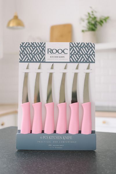 Rooc 6-Piece Laser Cut Kitchen Fruit and Vegetable Knife, Ultra Sharp Blade, Pink