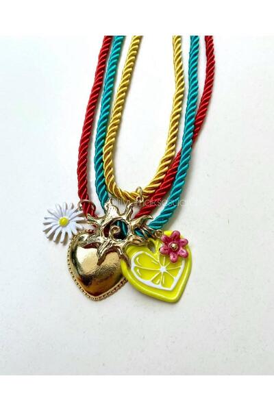 Lilyum Aksesuar 3-Piece Necklace Brand Model Lemon Flower Heart Sun Yellow Bl...