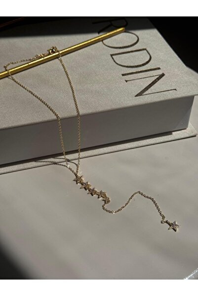 LEROSY CO. Y Form Yıldız Taşlı Çelik Kadın Kolye Altın Renk Modern Tasarım