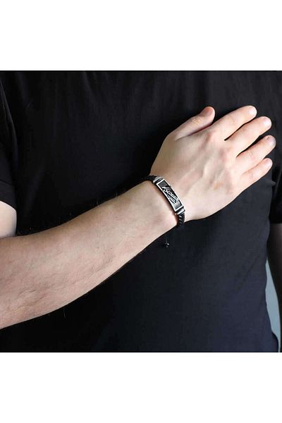 Tesbihane Ataturk Signature Design Black Leather-Steel Combination Bracelet104000549