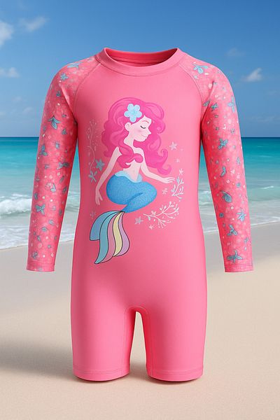 Lolliboomkids Mermaid Patterned 2-Piece Set with Sun Protection Hat Long Sleeve Hipster Model Sensitive Skin Swimsuit