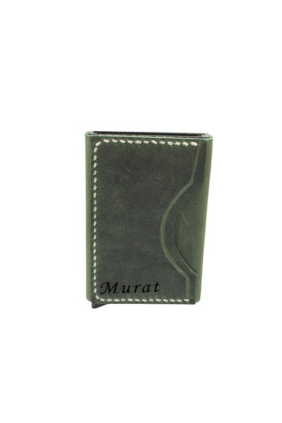 Tesbihane Minimal Design All Hand Stitched Green Crazy Leather Mechanical Card Holder-Wallet