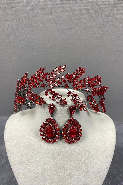 Hayalperest boncuk Dilana Leaf Branched Bridal Hair Accessory and Shuttle Stone Earrings