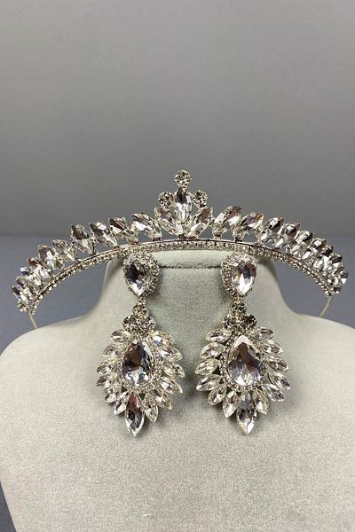 Hayalperest boncuk Ece Bridal Crown and Shuttle Stone Earrings
