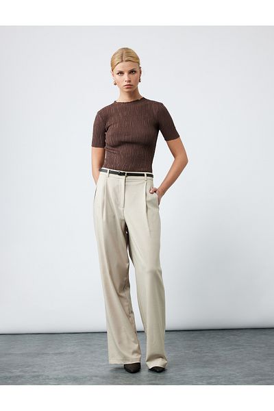 Koton Short Sleeve Crew Neck Gathered Textured Knit Sweater
