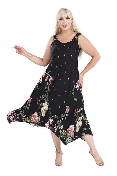 MELSAY Pink Flower Patterned Black Plus Size Women's Dress