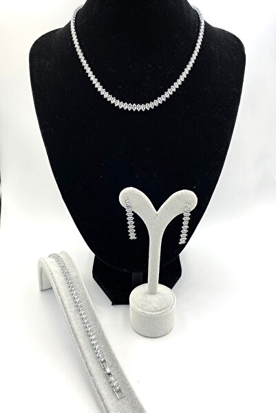 MOSSMOUR Kadın Zirkon Mekik Taşlı Gümüş Su Yolu Arpa Kolye Bileklik Küpe Kuyumcu Set Takım