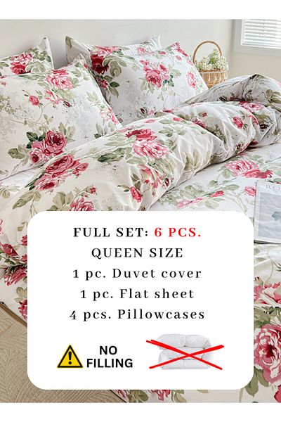 LUNA HOME Queen Size 6-piece Duvet Cover Set 200*230cm Rose Print With Green Leaves.