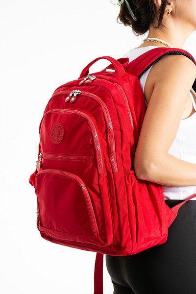 Sanmorris Red Color Unisex Water Resistant Crinkle Laptop School and Backpack - Multi-Compartment Medium Size