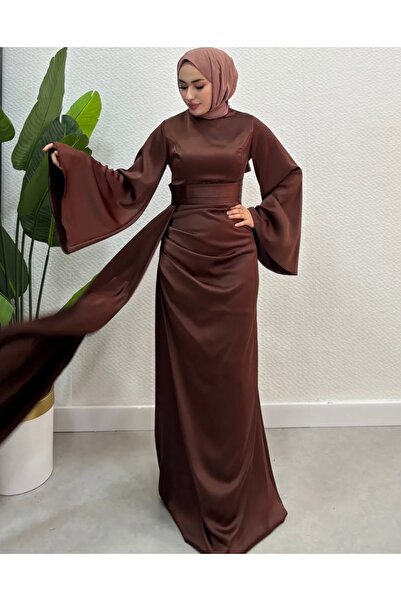 modasusev İspanyol Kol Kuyruklu Saten Tesettür Abiye