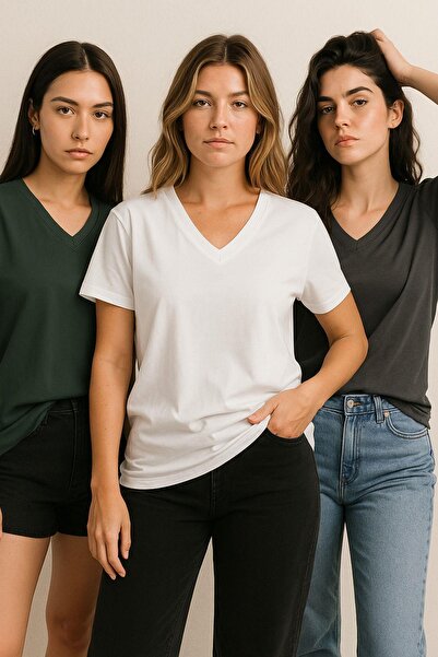 Rich Kadın 3'lü Paket Antrasit-Beyaz-Haki Oversize Tişört %100 Pamuk V Yaka T-Shirt