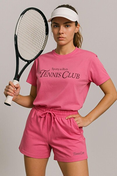 Rich Women's Sporty Short Sleeve Crew Neck Oversize T-Shirt and Shorts Bottom Top Set Tennis Two Piece Set