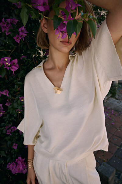 Sateen Casual Blouse with Accessories - Stone