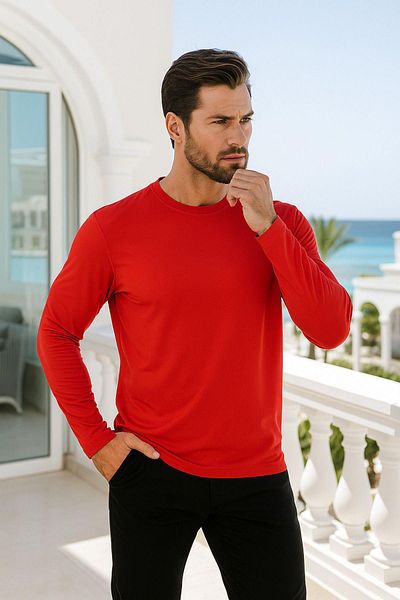 Rich Men's Red Long Sleeve Crew Neck T-Shirt - 100% Cotton Basic Relaxed T-Shirt