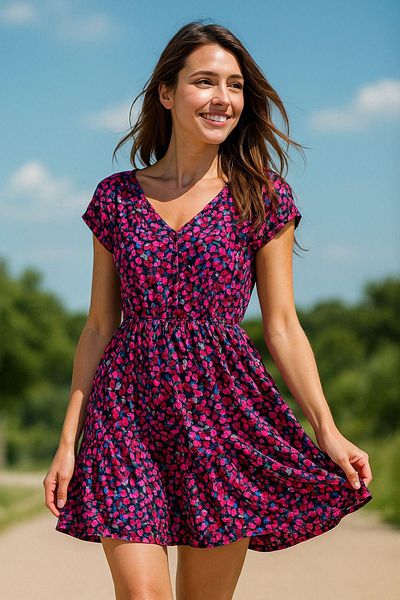 Rich Women's Colorful Patterned V-Neck Beach Dress - Summer Casual Dress with Waist Drawstring