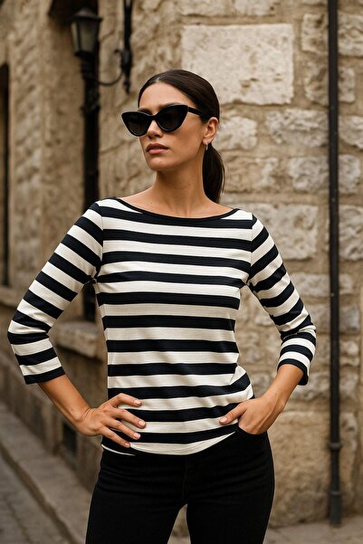 Rich Women's Striped Basic Blouse - Black-White 3/4 Sleeve - Daily Casual Stylish Combination - New Season Trend